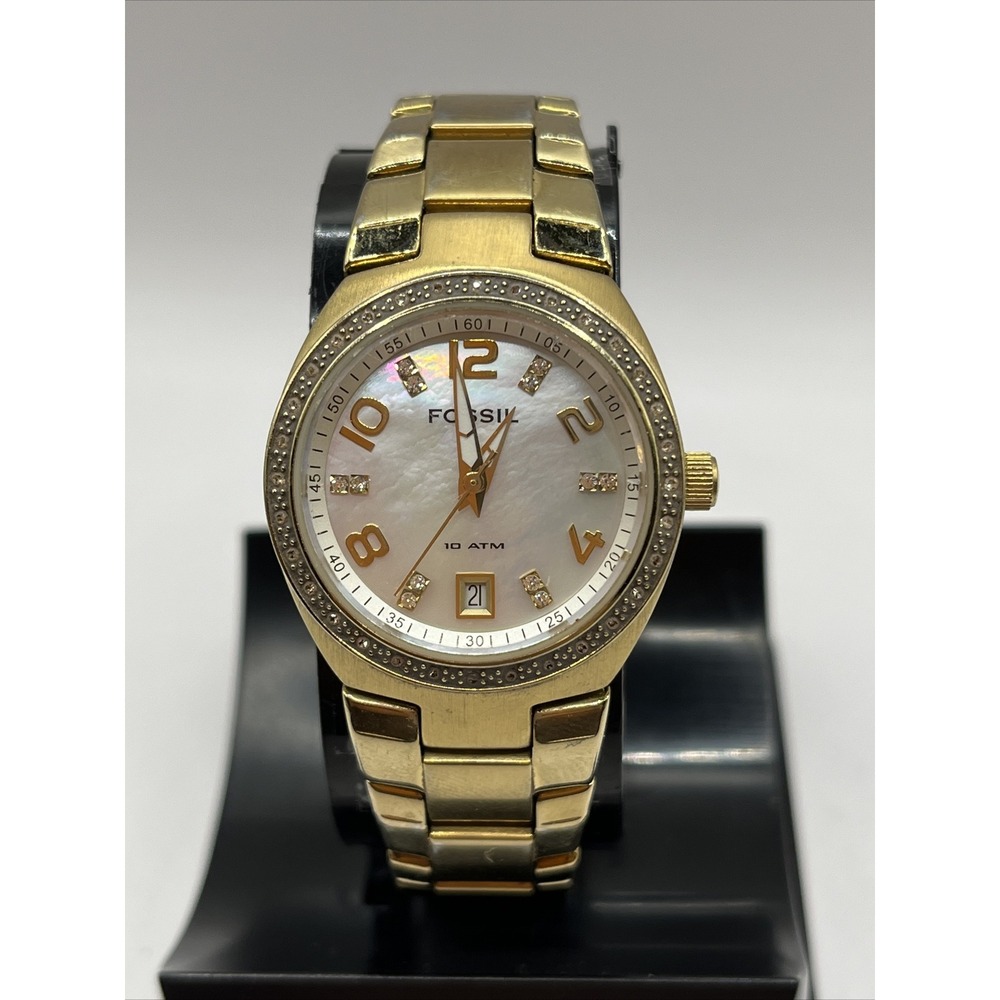 Fossil AM4219 Gold/Rhinestone MOP Dial Date Women's Watch- New Battery!